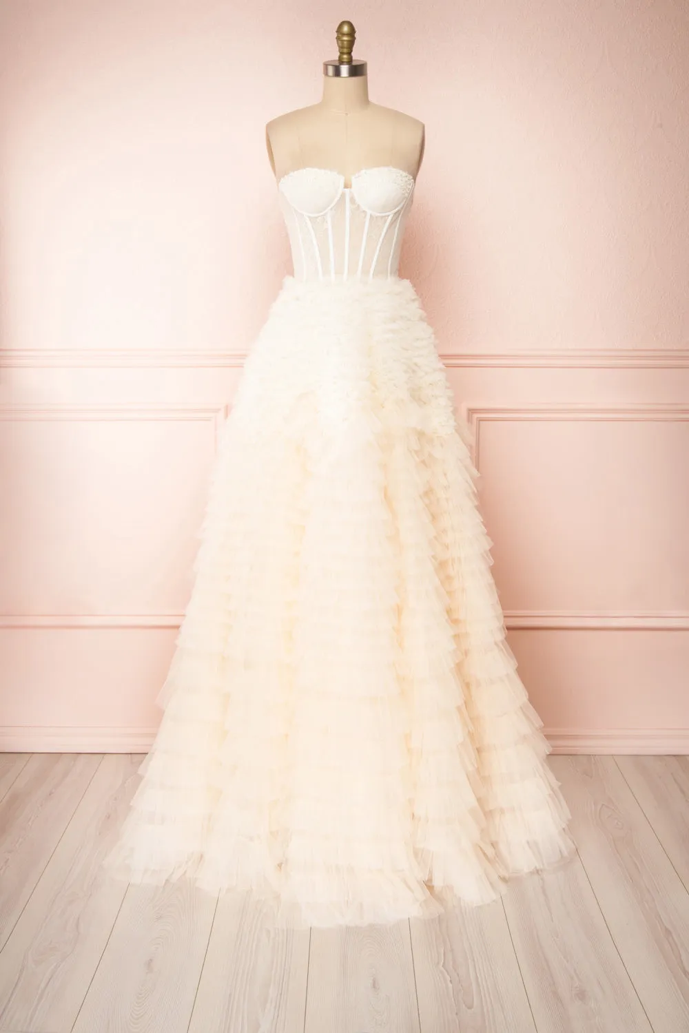 Asako Ivory | Bustier Layered Tulle Maxi Dress