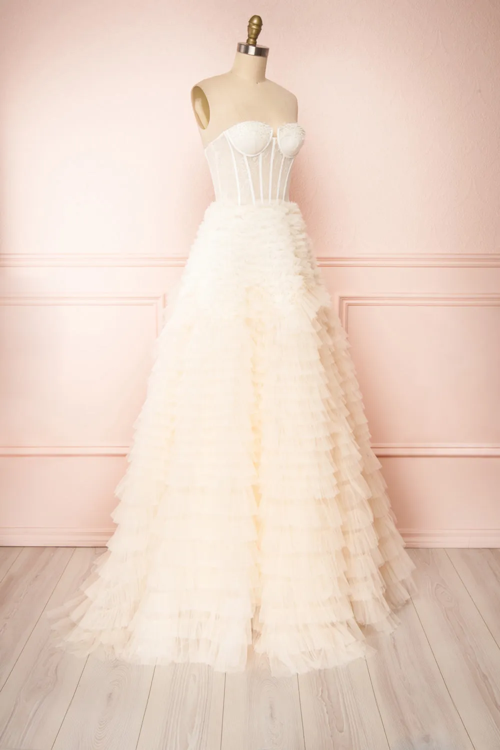 Asako Ivory | Bustier Layered Tulle Maxi Dress